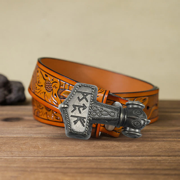 Men's DIY Brutal Viking Hammer Buckle Leather Belt - Antique Silver - Orange Carved Belt (40) - image 16