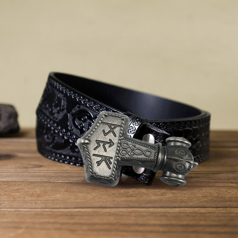 Men's DIY Brutal Viking Hammer Buckle Leather Belt - Antique Silver - Black Carved Belt (40) - image 13