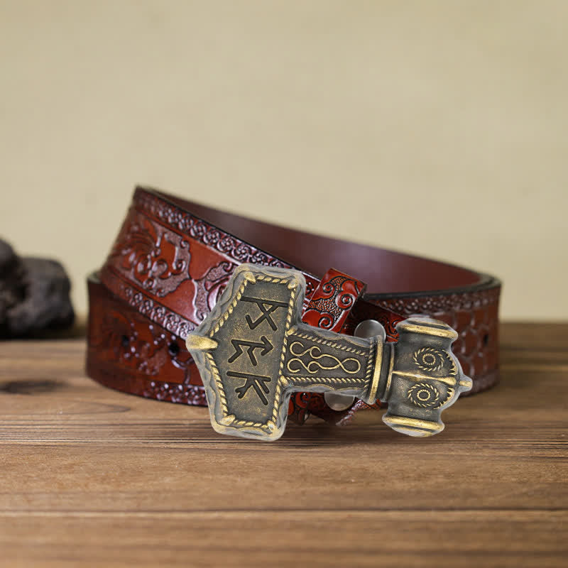 Men's DIY Brutal Viking Hammer Buckle Leather Belt - Antique Bronze - Brown Carved Belt (40) - image 6