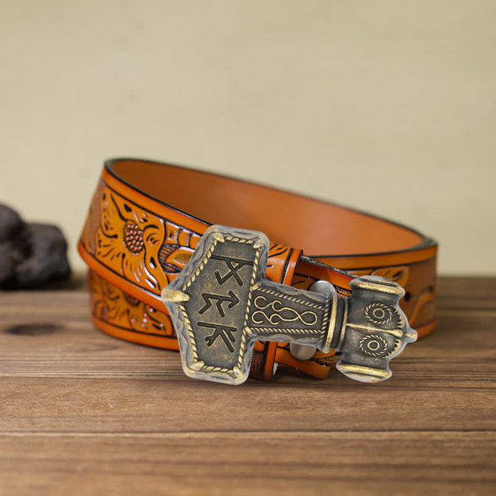 Men's DIY Brutal Viking Hammer Buckle Leather Belt - Antique Bronze - Orange Carved Belt (40) - image 8