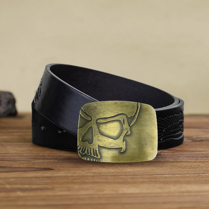 Men's DIY Bronze Embossed Skull Buckle Leather Belt - Skull - Black Embossed Eagle Belt (40) - image 4