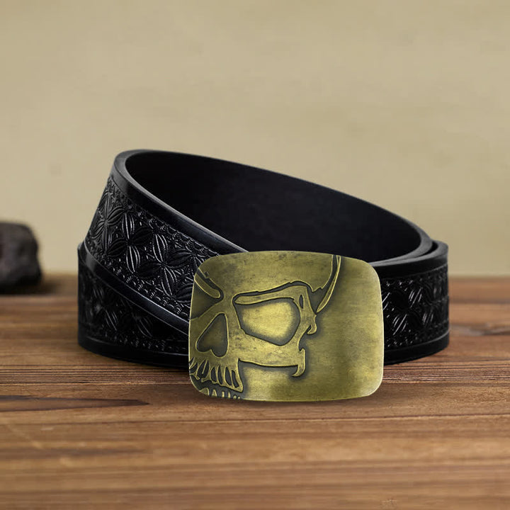 Men's DIY Bronze Embossed Skull Buckle Leather Belt - Skull - Black Embossed Weave Belt (40) - image 5