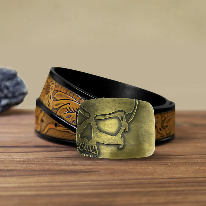 Men's DIY Bronze Embossed Skull Buckle Leather Belt - Skull - SandyBrown Belt (40) - image 8