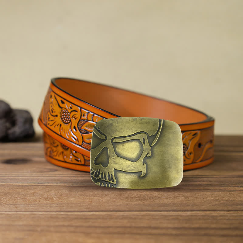 Men's DIY Bronze Embossed Skull Buckle Leather Belt - Skull - Orange Carved Belt (40) - image 9