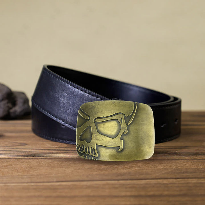 Men's DIY Bronze Embossed Skull Buckle Leather Belt - Skull - Black PU Belt (40) - image 3