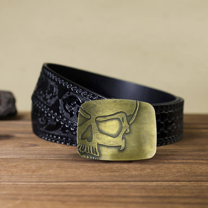 Men's DIY Bronze Embossed Skull Buckle Leather Belt - Skull - Black Carved Belt (40) - image 6