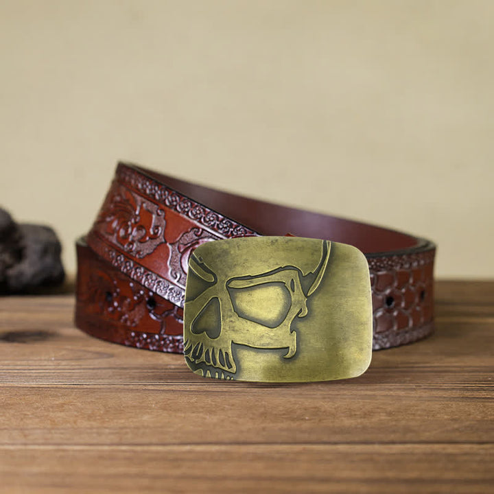 Men's DIY Bronze Embossed Skull Buckle Leather Belt - Skull - Brown Carved Belt (40) - image 7