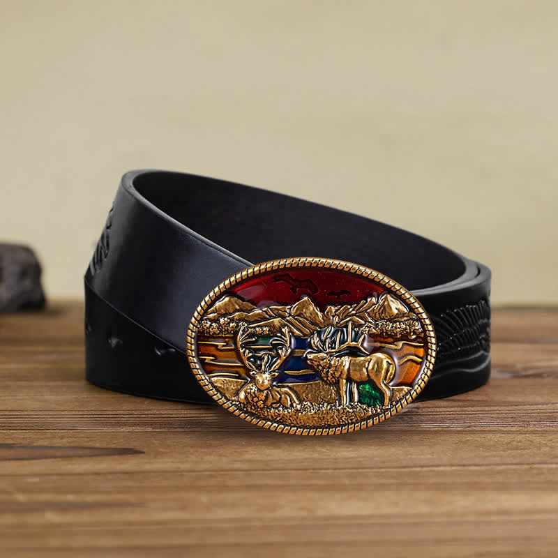 Men's DIY Enamel Wild Deer Buckle Leather Belt - Deer - Black Embossed Eagle Belt (40) - image 2