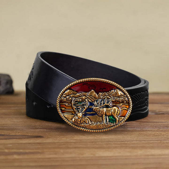 Men's DIY Enamel Wild Deer Buckle Leather Belt - Deer - Black Embossed Eagle Belt (40) - image 2