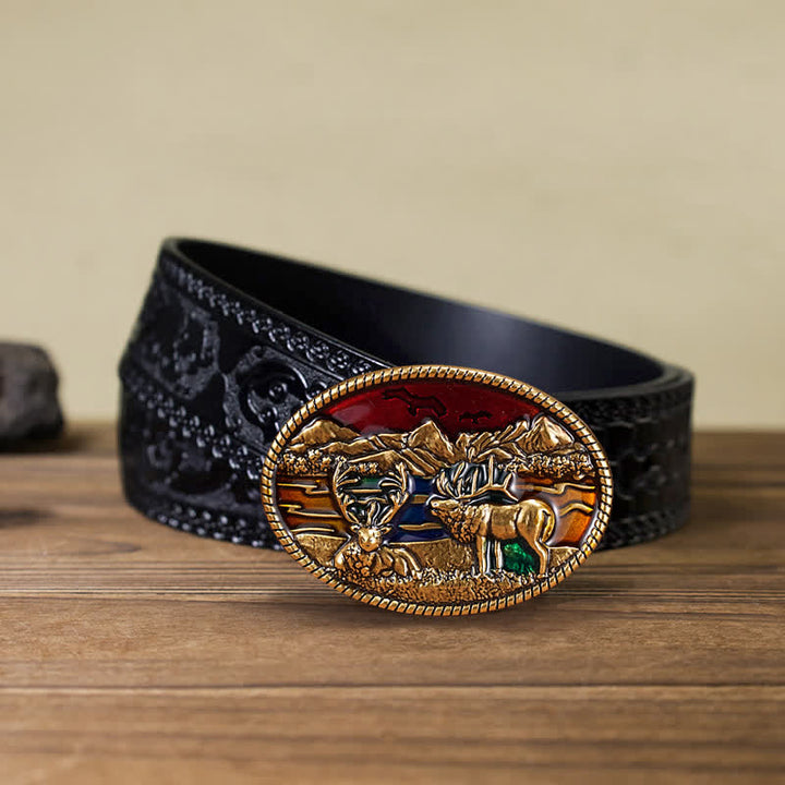 Men's DIY Enamel Wild Deer Buckle Leather Belt - Deer - Black Carved Belt (40) - image 4