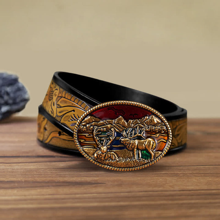 Men's DIY Enamel Wild Deer Buckle Leather Belt - Deer - SandyBrown Belt (40) - image 6