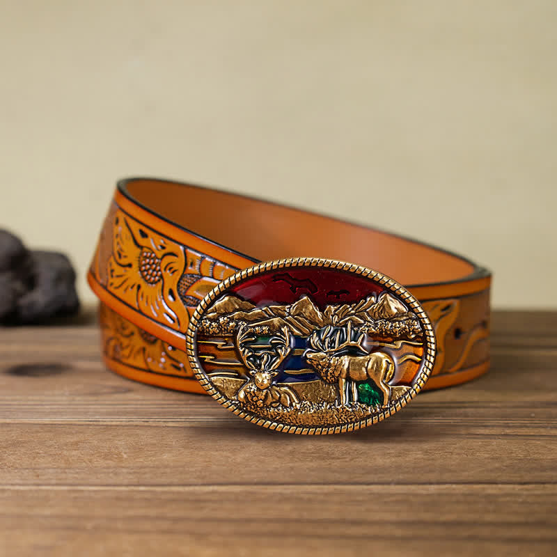 Men's DIY Enamel Wild Deer Buckle Leather Belt - Deer - Orange Carved Belt (40) - image 7