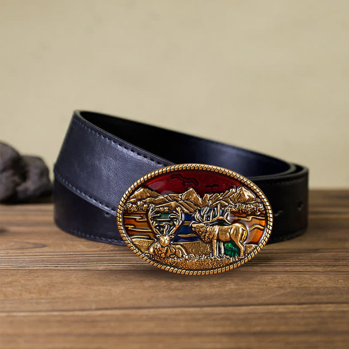 Men's DIY Enamel Wild Deer Buckle Leather Belt - Deer - Black PU Belt (40) - image 1