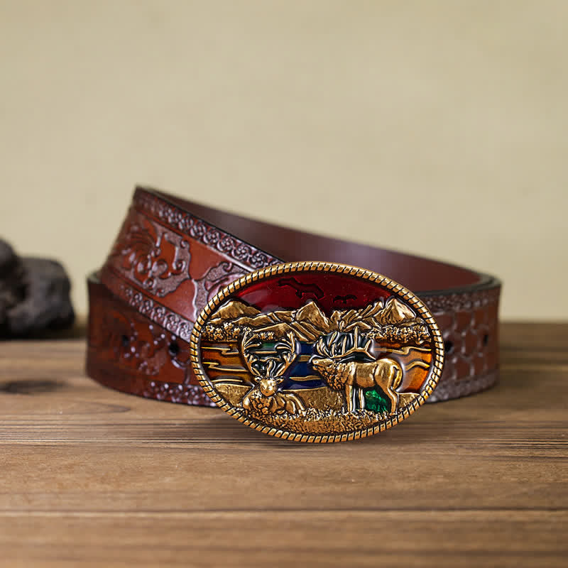 Men's DIY Enamel Wild Deer Buckle Leather Belt - Deer - Brown Carved Belt (40) - image 5