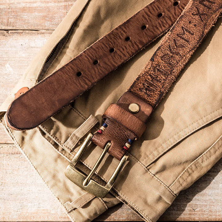 Retro Carved Letter Casual Workwear Leather Belt - Brown - 42 - image 2