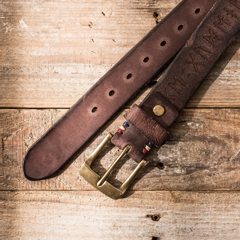 Retro Carved Letter Casual Workwear Leather Belt - Dark Brown - 42 - image 13