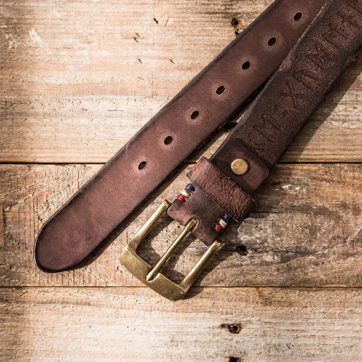Retro Carved Letter Casual Workwear Leather Belt - Dark Brown - 42 - image 13