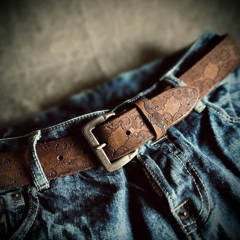 Delicate Vintage Floral Embossed Leather Belt - Brown - 44 - image 0
