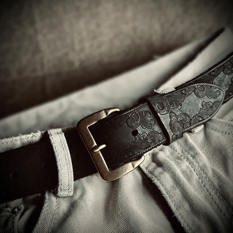 Delicate Vintage Floral Embossed Leather Belt - Black - 44 - image 16