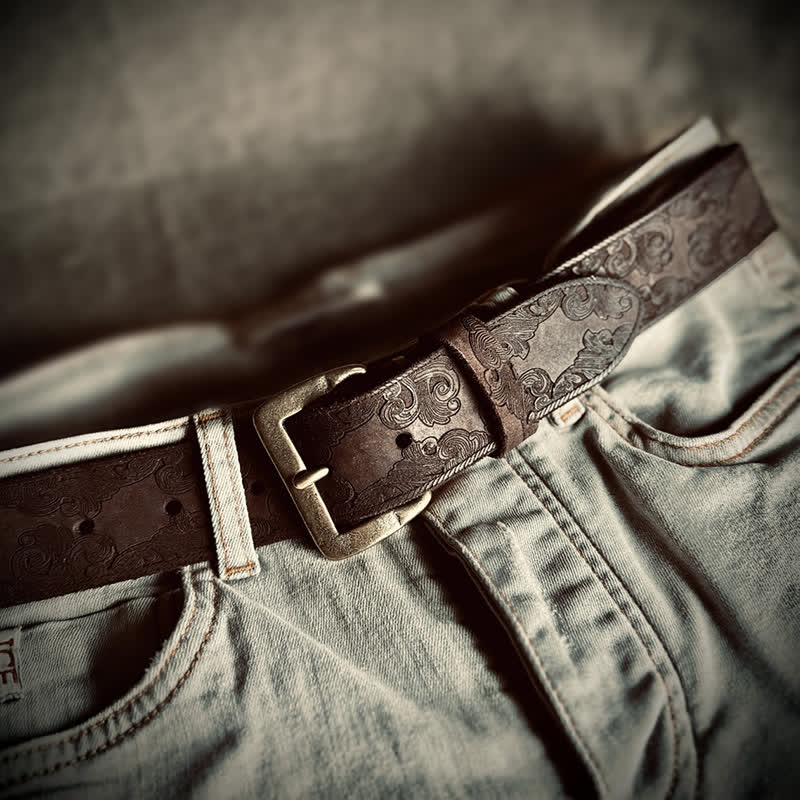 Delicate Vintage Floral Embossed Leather Belt - Coffee - 44 - image 10