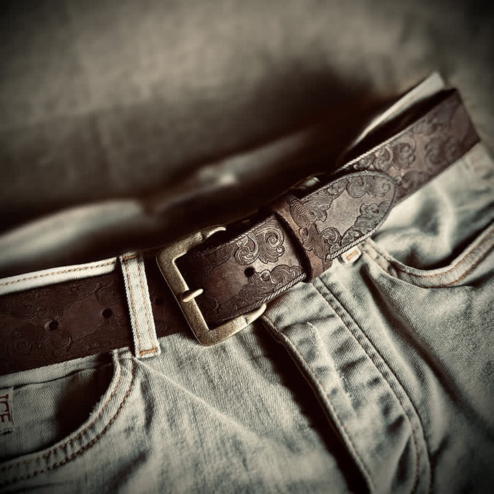 Delicate Vintage Floral Embossed Leather Belt - Coffee - 44 - image 10