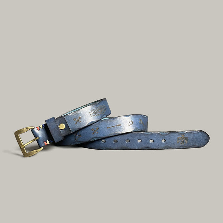 Casual Retro Laser Engraved Totem Pattern Leather Belt - Blue - 44 - image 18