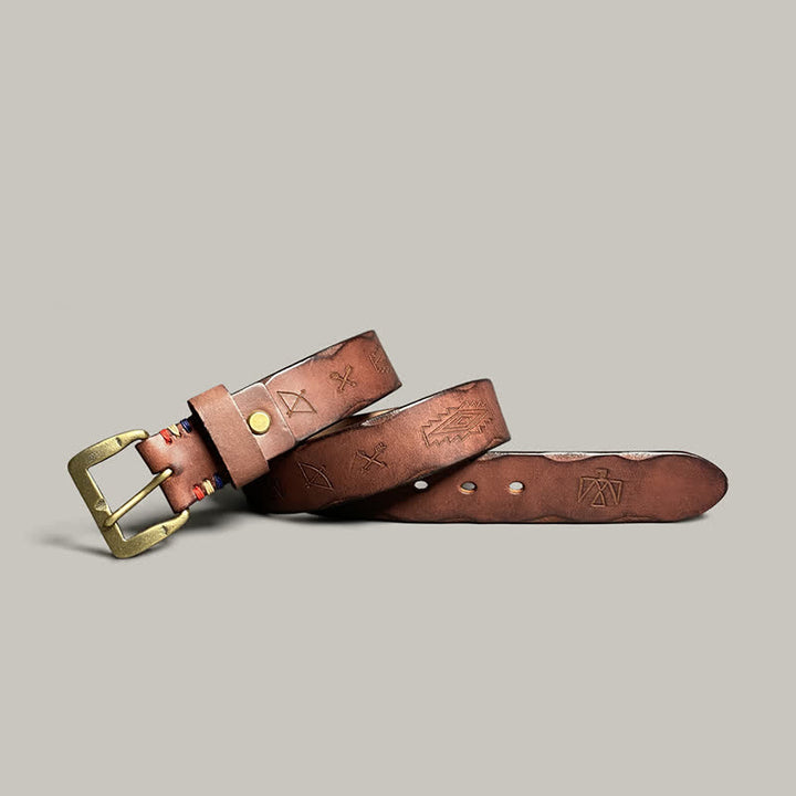 Casual Retro Laser Engraved Totem Pattern Leather Belt - Reddish-Brown - 44 - image 29
