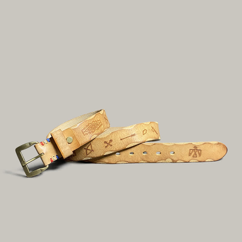 Casual Retro Laser Engraved Totem Pattern Leather Belt - Khaki - 44 - image 0