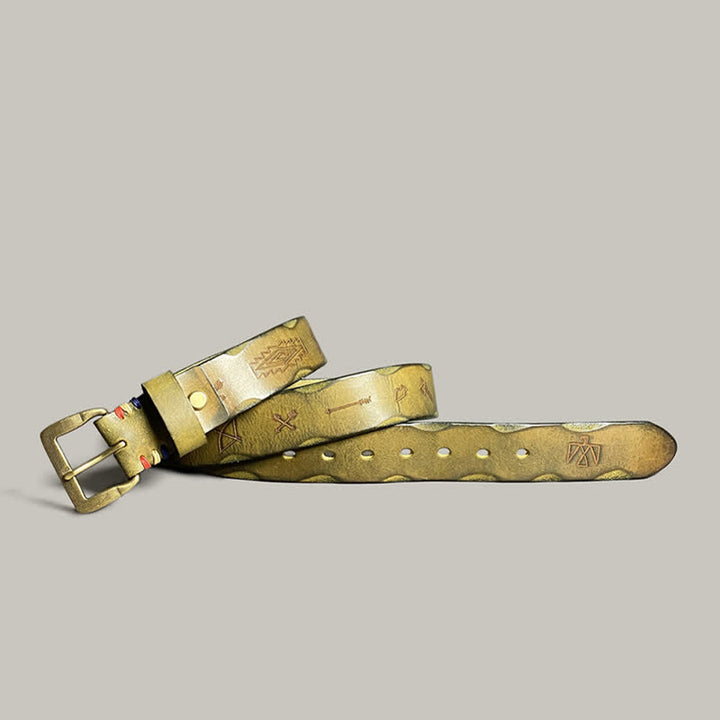 Casual Retro Laser Engraved Totem Pattern Leather Belt - Light Green - 44 - image 13