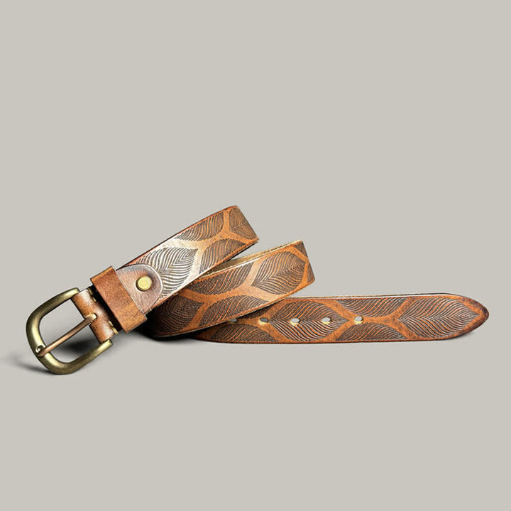 Personalized Distressed Plant Leaves Embossed Leather Belt - Brown - 44 - image 0