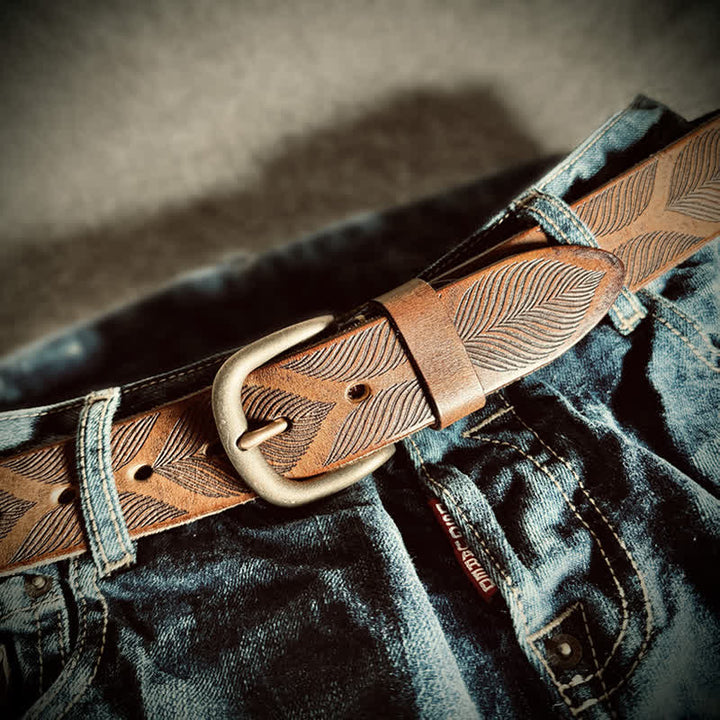 Personalized Distressed Plant Leaves Embossed Leather Belt - image 1