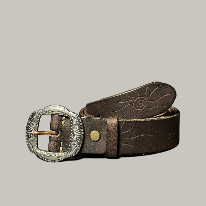 Retro Embossed Sun Pattern Silver Buckle Leather Belt - Coffee - 44 - image 8