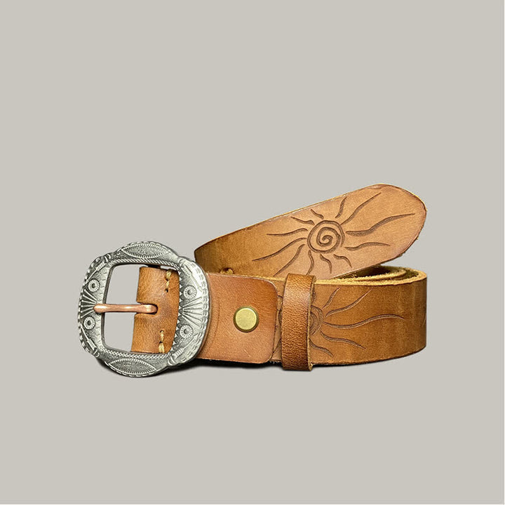 Retro Embossed Sun Pattern Silver Buckle Leather Belt - Yellow - 44 - image 0