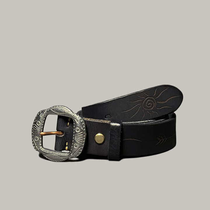 Retro Embossed Sun Pattern Silver Buckle Leather Belt - Black - 44 - image 18
