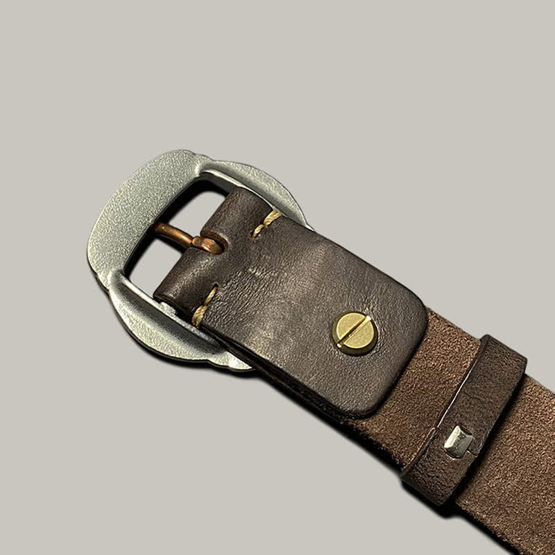 Retro Embossed Sun Pattern Silver Buckle Leather Belt - image 16