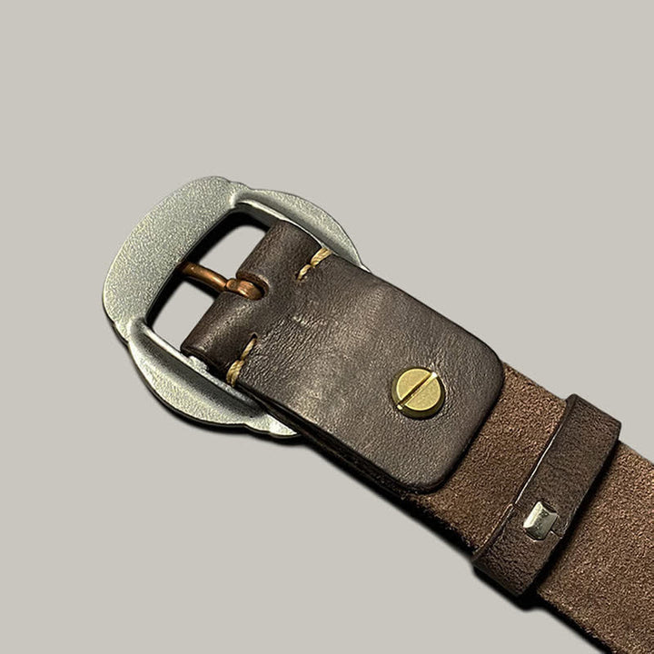 Retro Embossed Sun Pattern Silver Buckle Leather Belt - image 16