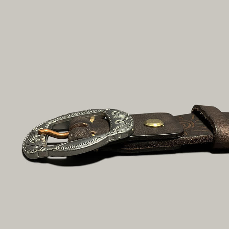 Retro Embossed Sun Pattern Silver Buckle Leather Belt - image 15