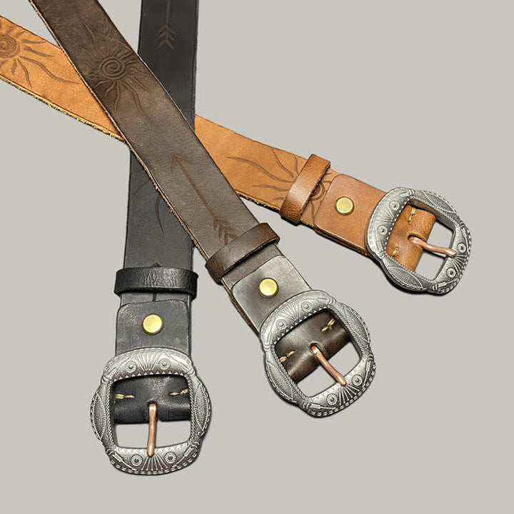 Retro Embossed Sun Pattern Silver Buckle Leather Belt - image 7