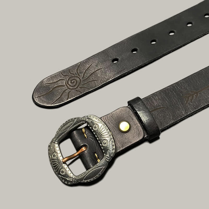 Retro Embossed Sun Pattern Silver Buckle Leather Belt - image 22