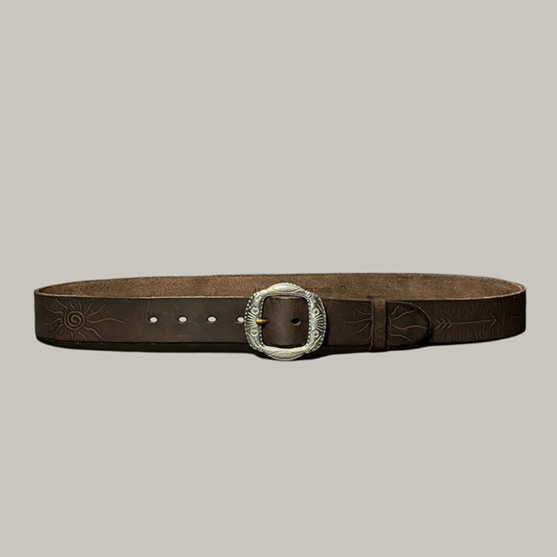 Retro Embossed Sun Pattern Silver Buckle Leather Belt - image 12