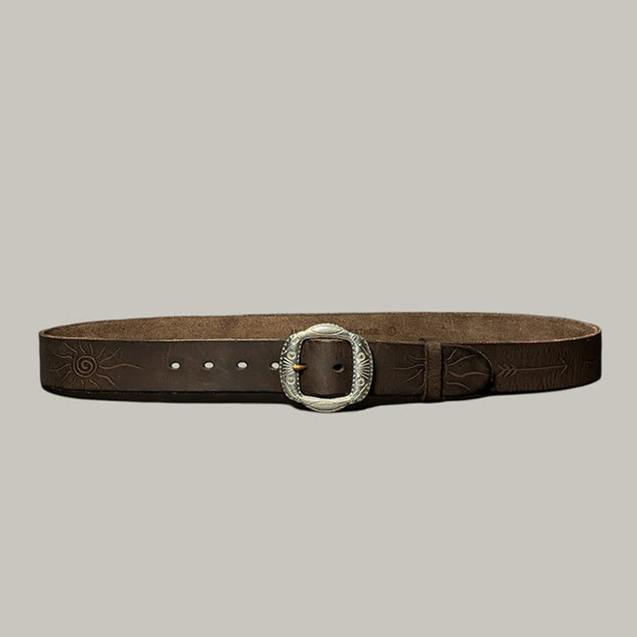 Retro Embossed Sun Pattern Silver Buckle Leather Belt - image 12
