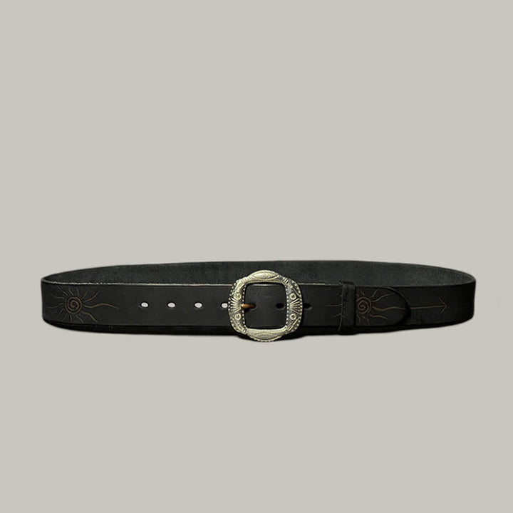 Retro Embossed Sun Pattern Silver Buckle Leather Belt - image 21