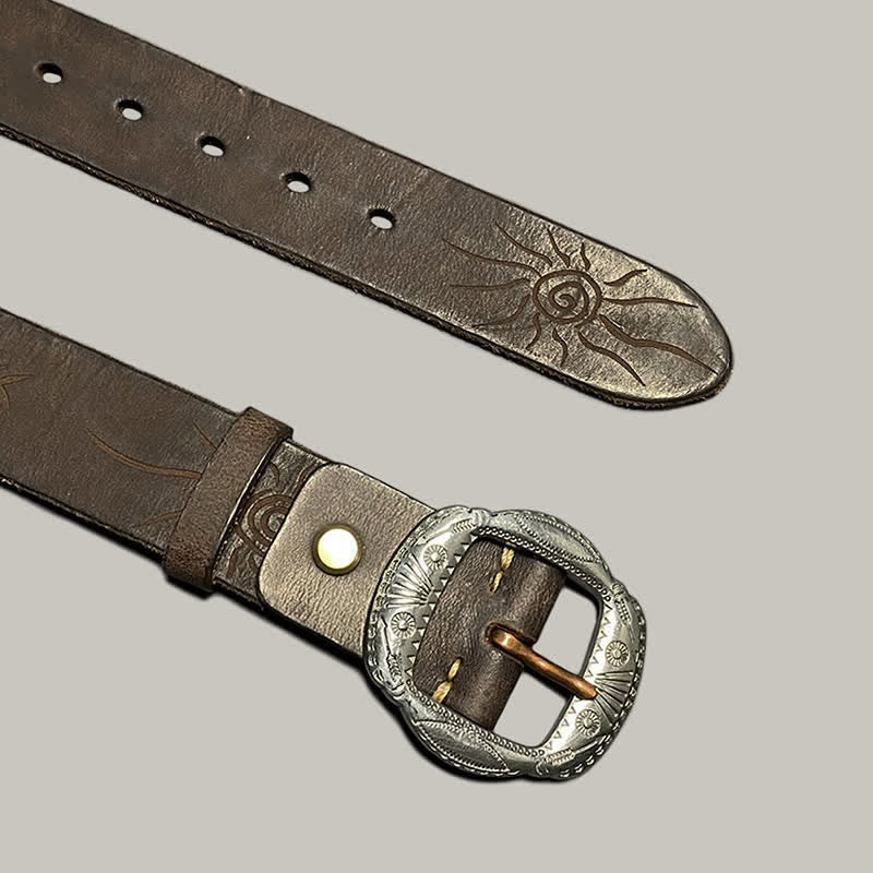 Retro Embossed Sun Pattern Silver Buckle Leather Belt - image 11