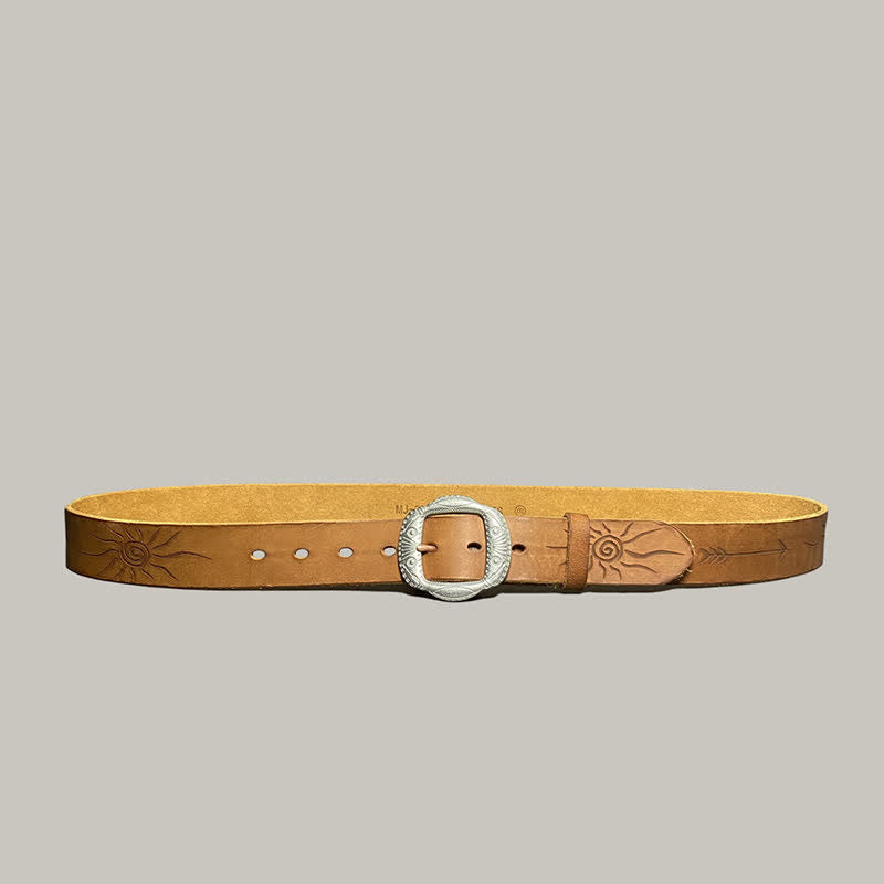 Retro Embossed Sun Pattern Silver Buckle Leather Belt - image 4