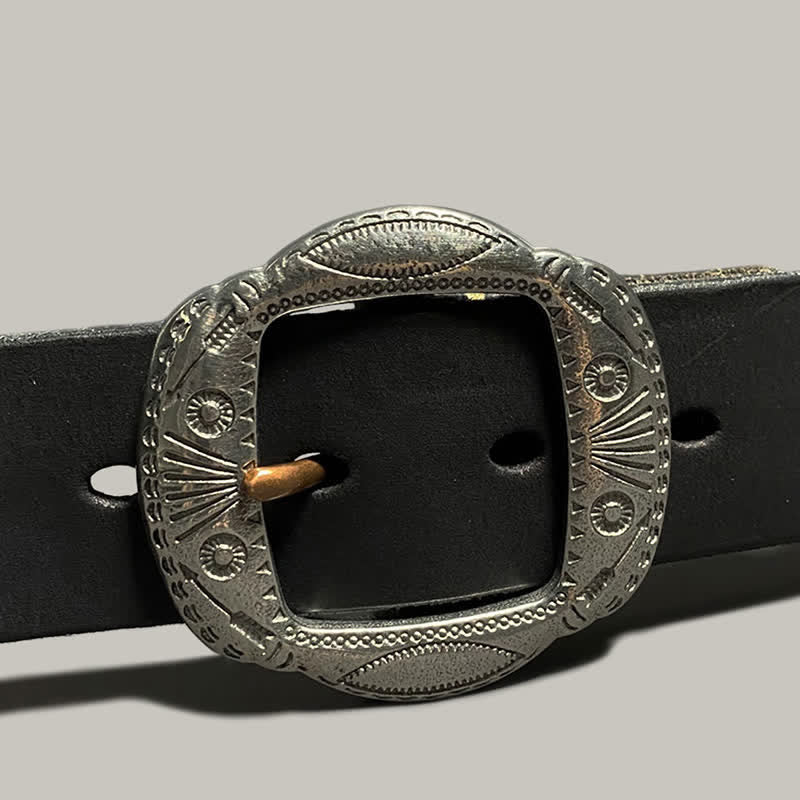 Retro Embossed Sun Pattern Silver Buckle Leather Belt - image 23