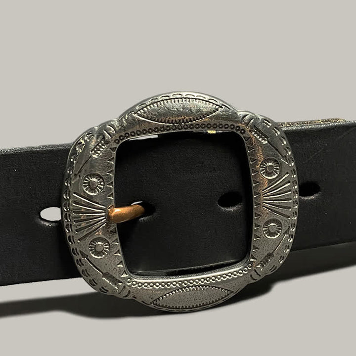 Retro Embossed Sun Pattern Silver Buckle Leather Belt - image 23