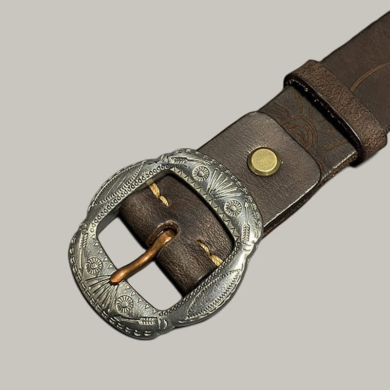 Retro Embossed Sun Pattern Silver Buckle Leather Belt - image 14