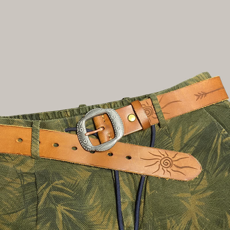 Retro Embossed Sun Pattern Silver Buckle Leather Belt - image 2