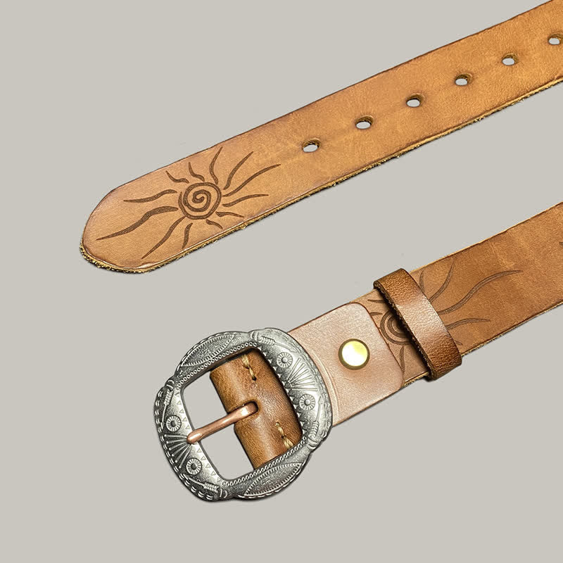 Retro Embossed Sun Pattern Silver Buckle Leather Belt - image 3