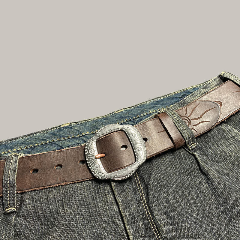 Retro Embossed Sun Pattern Silver Buckle Leather Belt - image 9